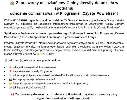 Gmina Jaświły: spotkanie o dofinansowaniach z programu „Czyste Powietrze”