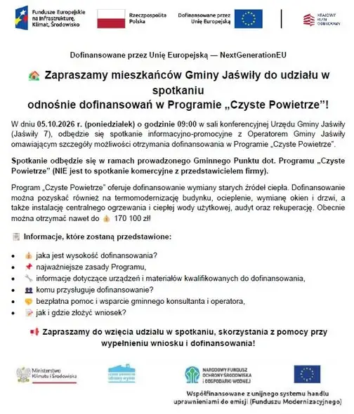 Gmina Jaświły: spotkanie o dofinansowaniach z programu „Czyste Powietrze”