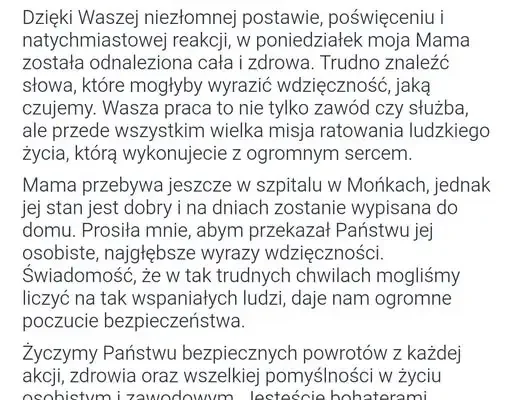Poruszające podziękowania dla OSP Trzcianne za uratowanie życia kobiecie w Biebrzańskim Parku Narodowym