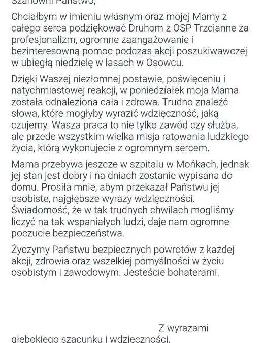 Poruszające podziękowania dla OSP Trzcianne za uratowanie życia kobiecie w Biebrzańskim Parku Narodowym