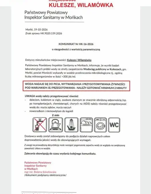 Woda w Kuleszach i Wilamówce niezdatna do picia bez przegotowania