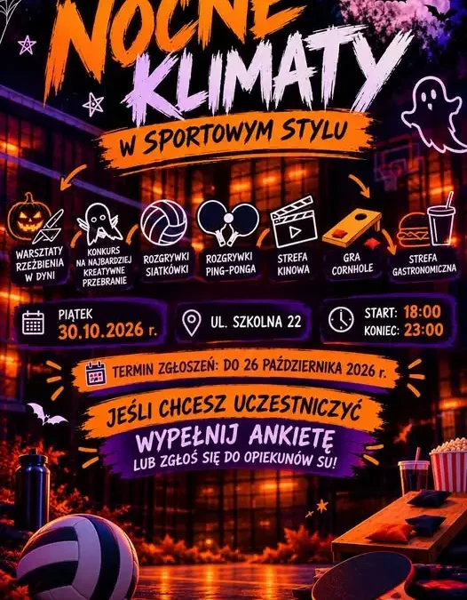 Nocny sportowy wieczór w ZSOiZ w Mońkach – dynie, siatkówka i kino